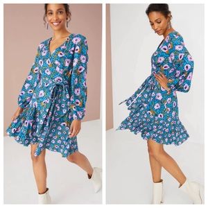 $328 Alivia NWOT The Megan Dress Large Wrap Ruffle Blouson Sleeve Blue Pink